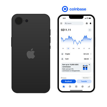 Coinbase app interface on smartphone screen, Coinbase crypto exchange dashboard and wallet, Coinbase trading and finance application UI design