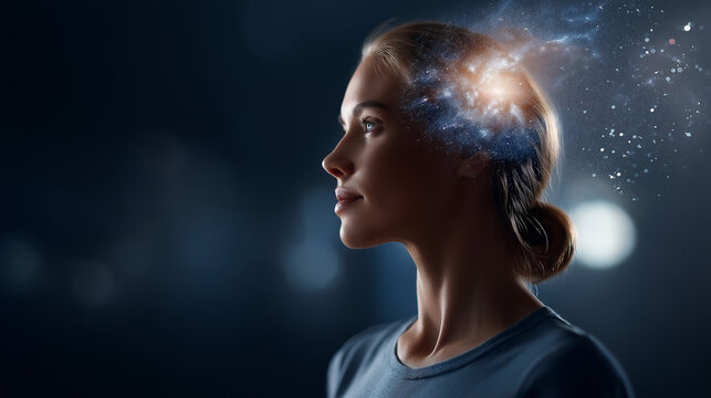 Woman's silhouette with galaxy inside head face partially visible cosmic consciousness universe within spiritual awakening inner cosmos celestial mind metaphysical concept