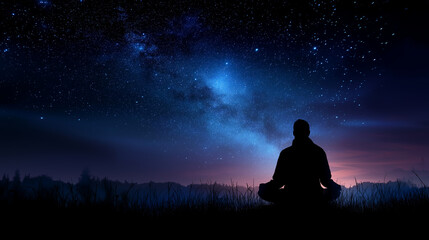Silhouette meditating under starry sky face not visible cosmic meditation celestial connection universe consciousness space spirituality astral awareness night sky stars