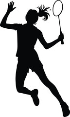 Dynamic silhouette of a female badminton player in mid air hitting a shuttlecock with her racket