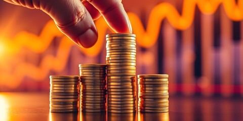 Fingers stacking gold coins in front of a blurred stock market graph, symbolizing financial growth and investment