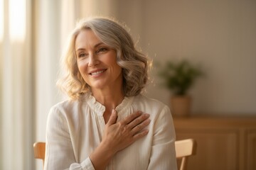 A sincere mature woman with gray hair smiling with her hand on her chest. Portrait of a happy older lady showing gratitude. Health, wellbeing, and graceful aging concept
