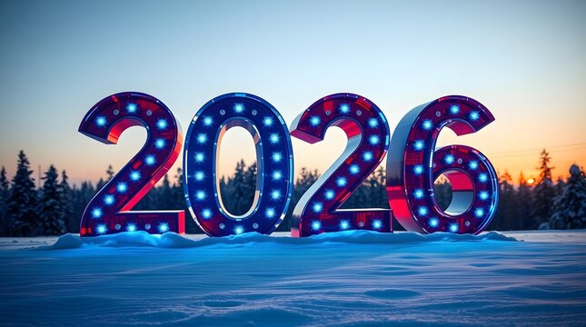 Giant illuminated numbers 2026 decorated with american flag stars and stripes, standing in a snowy landscape at dusk