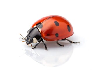 Extreme close up macro shot of a red ladybug with black spots on a clean white reflective surface