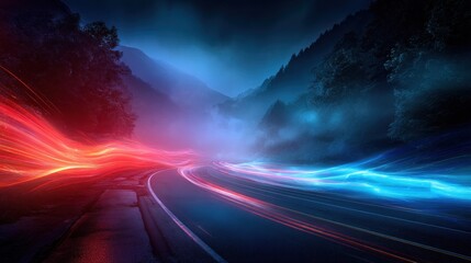Vibrant Red and Blue Light Trails Streak Across a Misty Mountain Road at Night