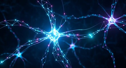 Glowing neural network brain cells illustrating artificial intelligence and digital data connections