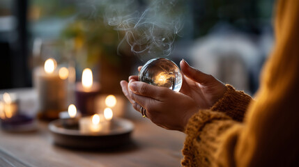Obraz premium Hands holding glowing crystal ball on table face not visible fortune telling sphere scrying tool divination practice psychic vision mystical prediction spiritual guidance