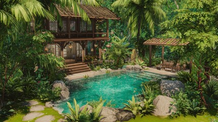 Tropical Paradise: Luxurious Villa with Pool, Lush Greenery, and Serene Ambiance.