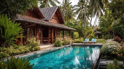 Serene Tropical Villa Retreat with Turquoise Pool and Lush Palm Grove