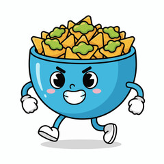 Cute Nachos Bowl Character with Guacamole &mdash; Funny Mexican Snack Cartoon Illustration