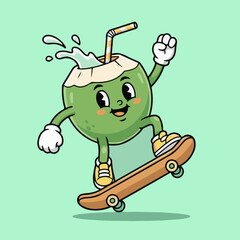 Cute Coconut Character Skateboarding &mdash; Fun Tropical Cartoon Illustration