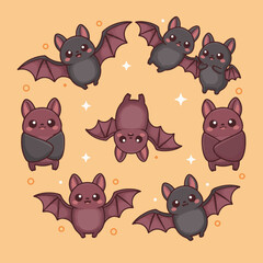 Cute Kawaii Bats Collection — Adorable Flying and Hanging Bat Cartoon Illustration
