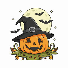 Smiling Jack-O&rsquo;-Lantern Pumpkin with Witch Hat and Full Moon &mdash; Cute Halloween Cartoon Illustration