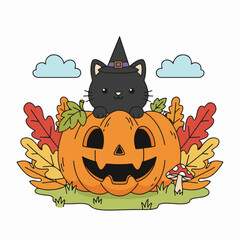 Cute Black Cat in Witch Hat Sitting on Pumpkin &mdash; Halloween Cartoon Illustration