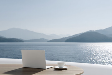 luxury yacht lifestyle, yacht experience with laptop, coffee, luxury, sparkling sea, and clear sky exudes high-quality, vibrant, realistic vibes