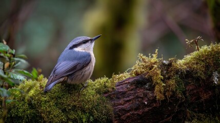 Nuthatch Perched on Mossy Log, Forest Wildlife Portrait, Nature Beauty.