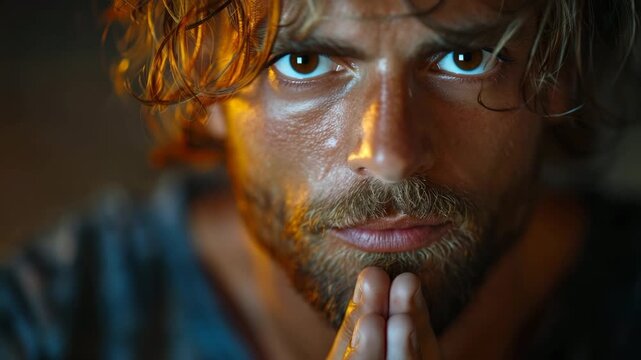 Man in deep contemplation with hands clasped, illuminated by warm light in an intimate setting