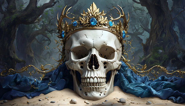 teschio umano abbandonato in una foresta scura con una corona d'oro e un mantello regale, Human skull abandoned in a dark forest with a golden crown and a royal cloak