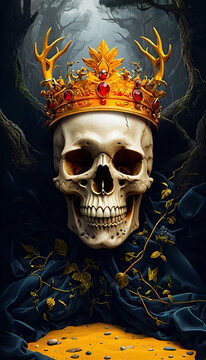 teschio umano abbandonato in una foresta scura con una corona d'oro e un mantello regale, Human skull abandoned in a dark forest with a golden crown and a royal cloak