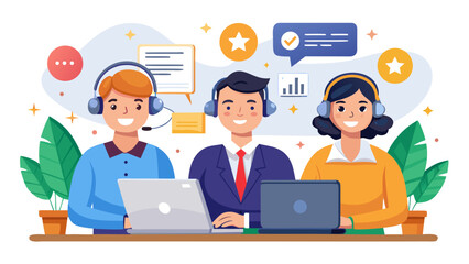 Diverse team of smiling customer service representatives wearing headsets and working on laptops at their desks