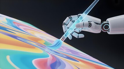 A 3D robotic hand holding a glowing digital paintbrush, creating a colorful abstract painting on a virtual canvas.