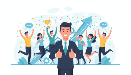 Successful business team celebrating victory with confetti and trophy, leader giving thumbs up, concept of teamwork, achievement, motivation, and career growth, vibrant illustration with upward arrow