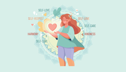 Vibrant illustration of a woman embracing self-love, self-respect, self-care, and kindness, radiating a glowing heart, symbolizing inner harmony and mental well-being, set against a serene mandala