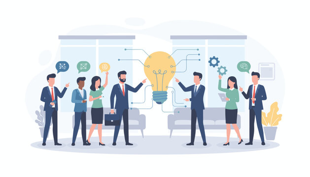 Diverse team of professionals collaborating and exchanging ideas around a giant glowing lightbulb, symbolizing innovation and smart thinking in a modern office setting, representing teamwork and