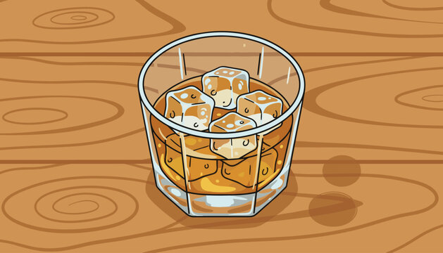 A refreshing glass of amber whiskey filled with ice cubes, presented on a rustic wooden background with visible wood grain and subtle water rings, creating a cozy and inviting atmosphere for a