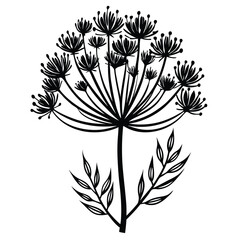 Abstract dill flower silhouette with stem and leafy branches showcases minimalist botanical elegance