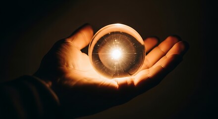 Hand holding glowing crystal ball with bright light inside sphere