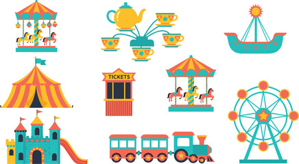 Amusement park, carnival rides, Ferris wheel, carousel horses, circus tent, ticket booth, teacup ride, pirate ship, toy train, play castle © Creative Mind