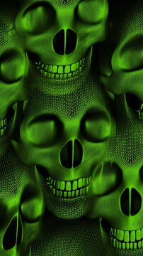 Seamless vertical video green wireframe structure skulls isolated with alpha channel. Hypnotic halloween background with futuristic style.