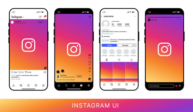 Instagram app interface on smartphone screens showing feed, profile, reels, and story layout
Instagram UI, Instagram mobile design, and Instagram user interface mockup display