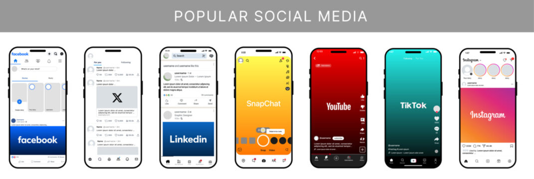 Facebook, X, LinkedIn, Snapchat, YouTube, TikTok, and Instagram app interfaces on smartphone screens
Facebook, X, LinkedIn, Snapchat, YouTube, TikTok, and Instagram social media UI design 