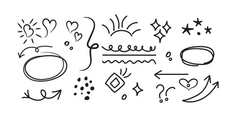 Line cute element set. Hand-drawn sketch doodle style arrow, cloud, star with marker stroke pencil highlight. Doodle sketch heart, star, cloud cartoon sticker shapes