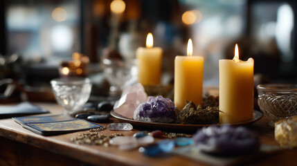 Witch altar with candles crystals herbs and tarot cards no faces visible wiccan setup spiritual practice ritual space magical altar spell work area occult arrangement