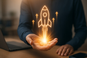 A hand holding a bright glowing outline of a rocket ship with upward arrows symbolizing business startup launch new project innovation and rapid technology growth
