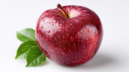 Close Up Studio Shot Of A Vibrant Red Apple With Green Leaves On A Clean White Background Showing Detailed Texture And Water Droplets Reflecting Light