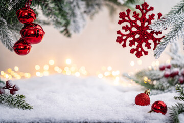 Festive red baubles rest on snow beneath frosted pine branches and golden holiday lights in the background. Winter Christmas Holiday Decoration Background