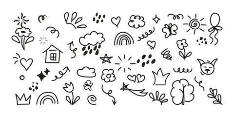 Line cute element set. Hand-drawn sketch doodle style arrow, cloud, star with marker stroke pencil highlight. Doodle sketch heart, star, cloud cartoon sticker shapes