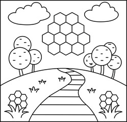 Honeycomb Meadow Path Coloring Page – Peaceful Flower Field Pathway Illustration for Kids and Adults