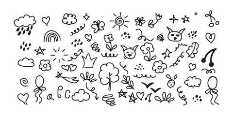 Line cute element set. Hand-drawn sketch doodle style arrow, cloud, star with marker stroke pencil highlight. Doodle sketch heart, star, cloud cartoon sticker shapes