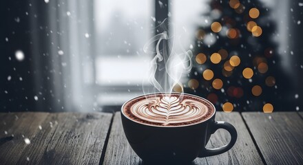 Steaming cup of coffee with latte art on a wooden table, with a blurred christmas tree and falling snow in the background