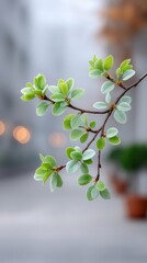 Obraz premium Delicate green tree branches with fresh leaves covered in water droplets on a blurred city street background during a misty morning with soft bokeh lights creating a serene atmosphere