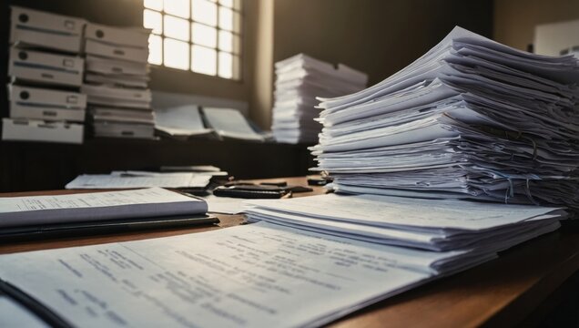 Stacks of papers on the office table