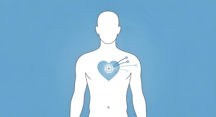 A stylized illustration of a human silhouette with a glowing heart containing a microchip, symbolizing advanced medical technology and artificial intelligence in healthcare