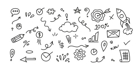 Line cute element set. Hand-drawn sketch doodle style arrow, cloud, star with marker stroke pencil highlight. Doodle sketch heart, star, cloud cartoon sticker shapes