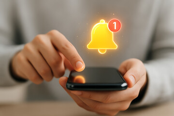 A person's hands holding a smartphone with a prominent glowing yellow notification bell icon indicating one new incoming message or alert on the mobile app
