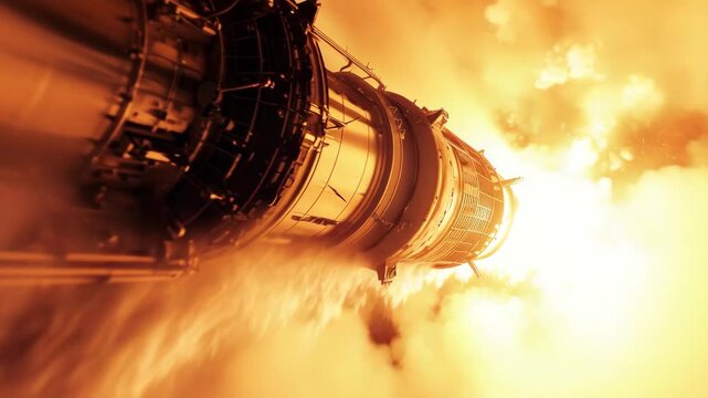 Rocket engine ignites during launch sequence in a dramatic display of power and technology